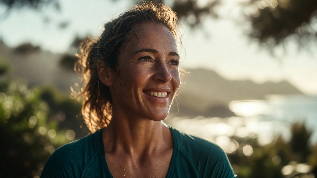 Runner overlooking a mountain trail at sunrise